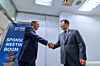 President Lee Jae Myung, right, shakes hands with Amazon Web Services CEO Matt Garman during a meeting at the Gyeongju Arts Center, one of the venues of the Asia-Pacific Economic Cooperation (APEC) CEO Summit in Gyeongju, North Gyeongsang, on Oct. 29, where AWS pledged a $5 billion investment in Korea’s artificial intelligence infrastructure. [PRESIDENTIAL OFFICE]