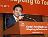 South Korean Unification Minister Chung Dong-young delivers a keynote speech at the 2025 Korea JoongAng Daily Forum celebrating the 25th anniversary of the paper's founding, held on the theme of 'Korea’s New Playbook: Adapting to Tomorrow' at the Lotte Hotel in Jung District, central Seoul, on Oct. 16. [PARK SANG-MOON]