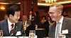 Unification Minister Chung Dong-young, left, speaks to British Ambassador Colin Crooks at the 2025 Korea JoongAng Daily Forum at the Lotte Hotel in Jung District, central Seoul, on Oct. 16. [PARK SANG-MOON]