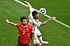 Switzerland defender Leonidas Stergiou, left, fights for the ball with Hungary forward Martin Adam during their Euros group stage match in Cologne, Germany on June 15. [AFP/YONHAP]