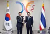 President Lee Jae Myung, right, and Thai Prime Minister Anutin Charnvirakul, shake hands as they hold a bilateral summit in Gyeongju, North Gyeongsang, on Oct. 30. [JOINT PRESS CORPS]
