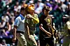 Kim Ha-seong of the San Diego Padres comes out of the game with an apparent shoulder injury after sliding to avoid a pickoff attempt at first base in the third inning against the Colorado Rockies at Coors Field in Denver, Colorado on Sunday. [AFP/YONHAP]